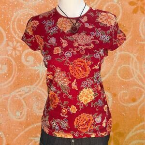 Y2k red floral mesh tee